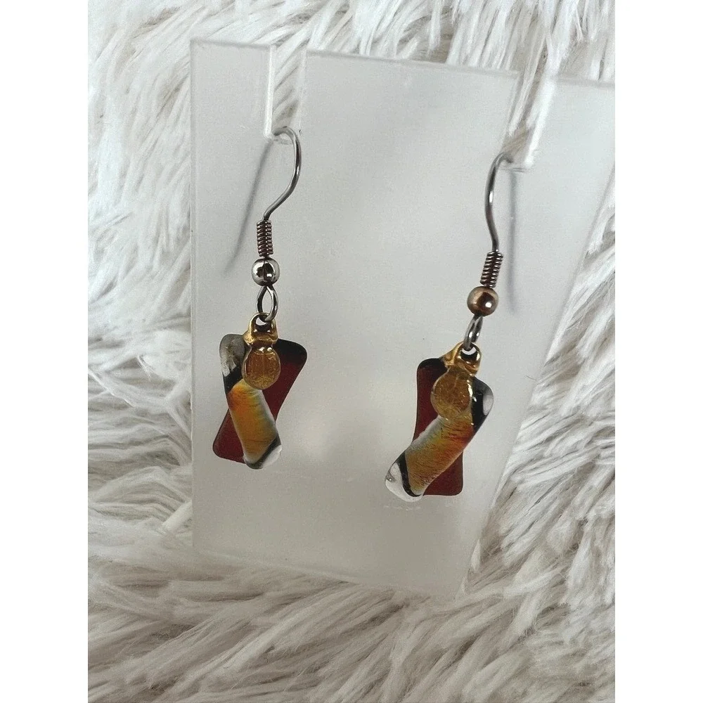 Dichroic‎ Glass Drop Earrings Amber Copper Gold Leaf Twist Dangle Artisan Boho